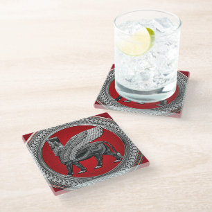 [400] Assyrian Winged Bull: Silver & Black Lamassu Glasuntersetzer
