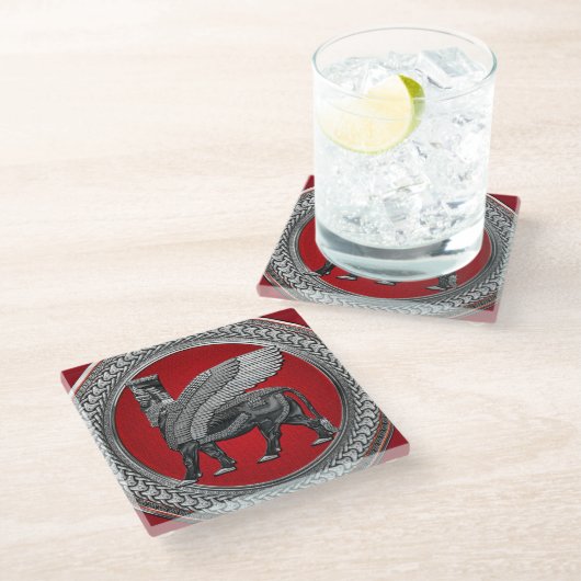 [400] Assyrian Winged Bull: Silver & Black Lamassu Glasuntersetzer (Schrägansicht)