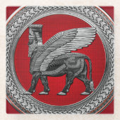 [400] Assyrian Winged Bull: Silver & Black Lamassu Glasuntersetzer (Vorderseite)