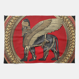 [400] Assyrian Winged Lion: Gold & Black Lamassu Geschirrtuch