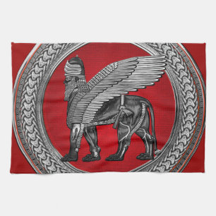[400] Assyrian Winged Lion: Silver & Black Lamassu Geschirrtuch