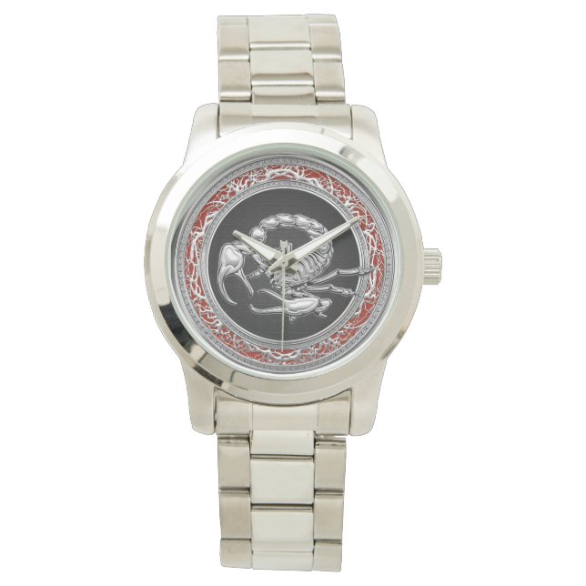 [400] Heiliger Silberskorpion auf Schwarz Armbanduhr (Vorderseite)