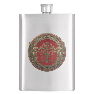 [400] Zwei goldene Ninurtas mit Baum des Lebens Flachmann