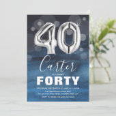 40 Blue & Silver Balloons 40. Geburtstag Einladung (Stehend Vorderseite)