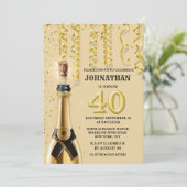 40. Champagner Poppen Goldschläuche funkeln Einladung (Stehend Vorderseite)