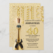 40. Champagner Poppen Goldschläuche funkeln Einladung (Vorne/Hinten)