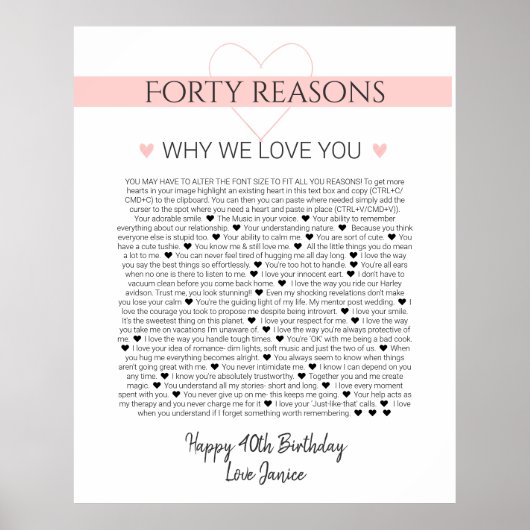 40 Dinge, die ich Liebe über Sie Jubiläumsgeburt P Poster (Vorne)