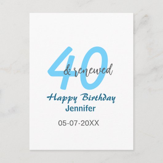 40. & erneuerter Geburtstagsname Datum blau fette Postkarte (Vorderseite)