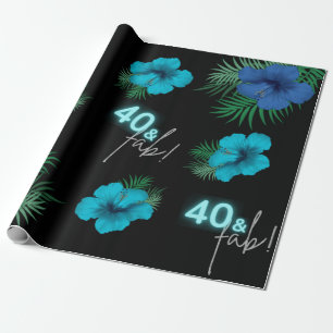 40 & Fab! Neon Blue Silver Black Tropical Birthday Geschenkpapier