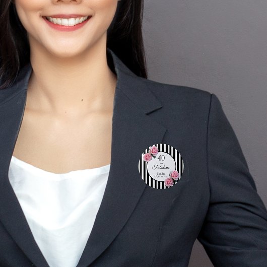 40 fabelhafte rosa Rosen Schwarz-weiße Streifen Button