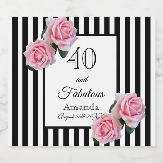 40 fabelhafte rosa Rosen Schwarz-weiße Streifen Schaumweinetikett (Einzelnes Label)