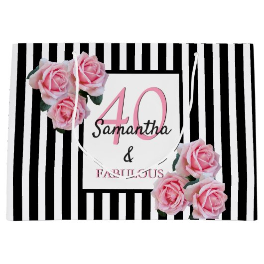 40 fabelhafte Schwarz-weiße Streifen, rosa Blumen Große Geschenktüte (Vorderseite)
