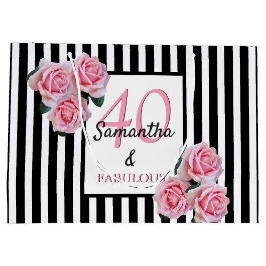 40 fabelhafte Schwarz-weiße Streifen, rosa Blumen Große Geschenktüte (Rückseite)