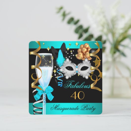 40 fabelhaftes Aquamarin Blue Gold Masquerade Part Einladung (Stehend Vorderseite)