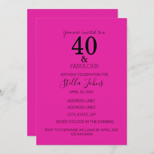 40 Fabelhaftes Birthday Hot Pink Black Custom Age Einladung (Vorne/Hinten)