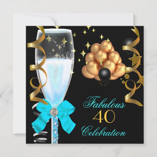 40 & Fabulous Aquamarin Blue Gold Birthday Champag Einladung (Vorderseite)