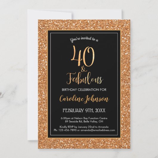 40 & Fabulous Birthday Black Gold Glitzer Einladung (Vorderseite)