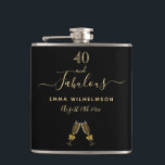 40 fabulous birthday black monogram photo friends flachmann<br><div class="desc">Simple, fun and elegant 40th birthday gift for a woman from her best friend(s) family or coworkers. A classic chic black background with two champagne glasses, flutes as decor. With the text: 40 and fabulous. Personalize and add a name and a date. Golden colored letters. The word Fabulous is written...</div>