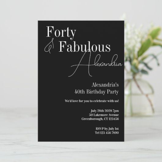 40 Fabulous Black and White Birthday Party Einladung (Stehend Vorderseite)