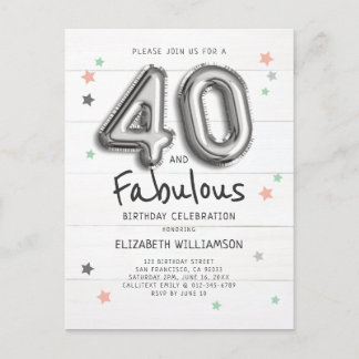 40 & Fabulous Foil Balloon Stars on Wood Birthday Einladungspostkarte