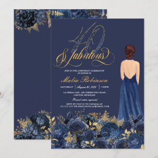 40 & Fabulous Formal Blue & Gold Erwachsene Geburt Einladung