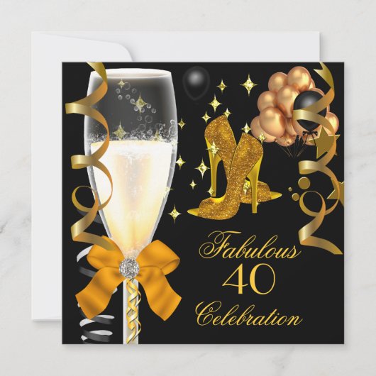 40 & Fabulous Gold Black Birthday Shoes Einladung (Vorderseite)