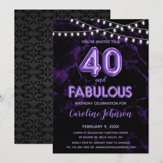 40 & Fabulous Lila Balloon Einladungen zum Geburts (Vorne/Hinten)