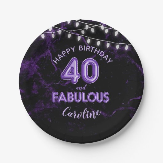 40 & Fabulous Lila Foil Balloons & String Lights Pappteller (Vorderseite)
