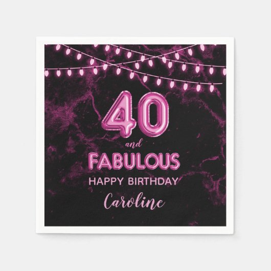 40 & Fabulous Pink Foil Balloons & String Lights Serviette (Vorderseite)