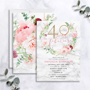 40 & Fabulous Pink & Gold Blumenmarmor Geburtstag Einladung