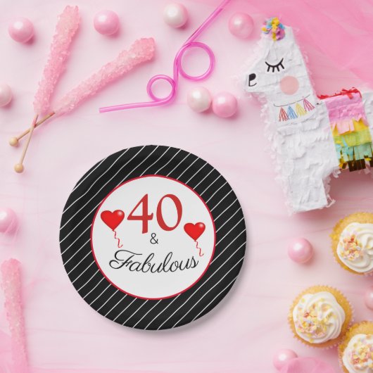 40 & Fabulous Red 40 th Birthday Schwarz-weiß Stri Pappteller (Party)