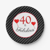 40 & Fabulous Red 40 th Birthday Schwarz-weiß Stri Pappteller (Vorderseite)
