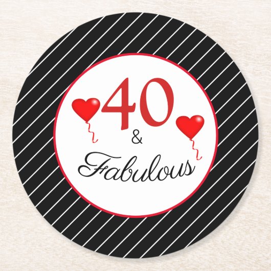 40 & Fabulous Red 40 th Birthday Schwarz-weiß Stri Runder Pappuntersetzer (Vorderseite)