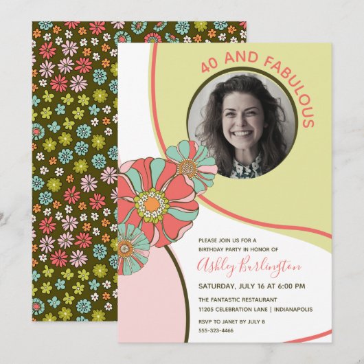40 & Fabulous Retro Floral Photo Invitation Einladung (Vorne/Hinten)