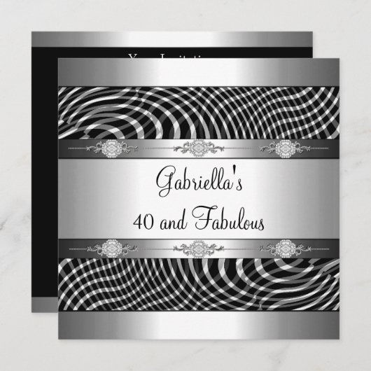 40 & Fabulous Schwarz-weißer Karo Silver Birthday Einladung (Vorne/Hinten)