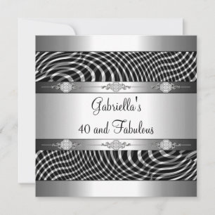 40 & Fabulous Schwarz-weißer Karo Silver Birthday Einladung