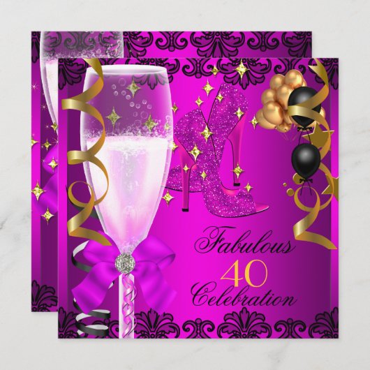 40 Fantastisches Pink Black Gold 40. Champagner Pa Einladung (Vorne/Hinten)