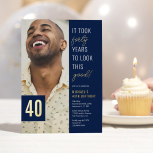 40 Foto Blue & Gold 40. Geburtstag Party Real Folieneinladung