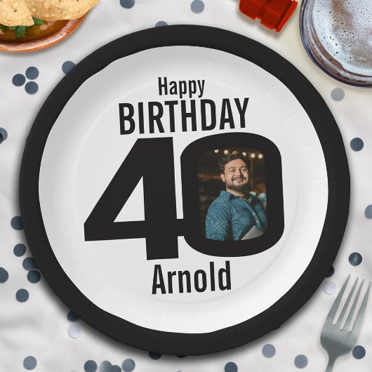 40. Foto Geburtstag schwarz-weiß Pappteller