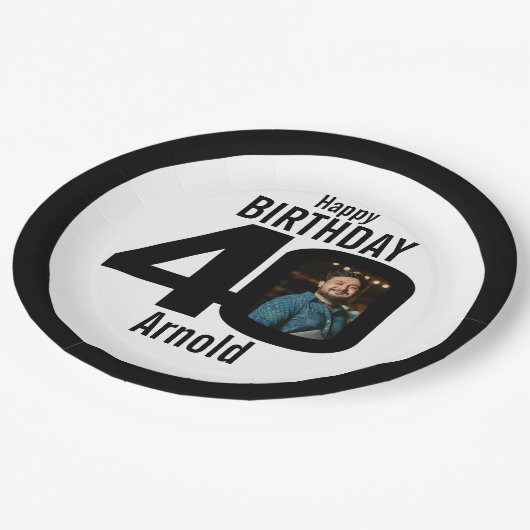 40. Foto Geburtstag schwarz-weiß Pappteller (Schrägansicht)