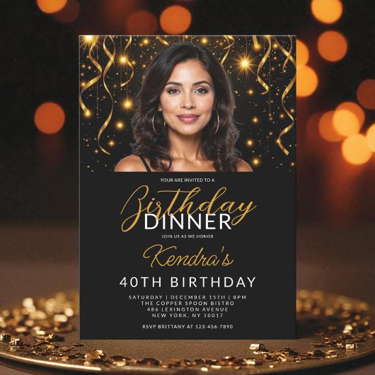 40. Geburtstag Abendessen Gold und Black Foto Einladung