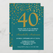 40. Geburtstag Aquamarin Aqua Gold Moderne Confett Einladung (Vorne/Hinten)