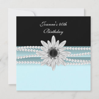 40. Geburtstag Aquamarin Blue Schwarz-weiß Pearl B Einladung