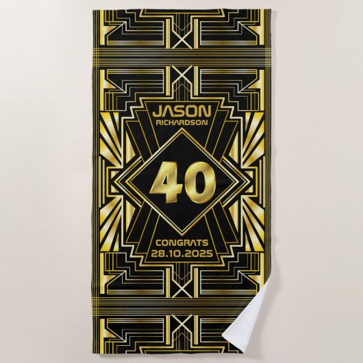 40. Geburtstag Art Deco Gold Black Great Gatsby Strandtuch (Vorderseite)