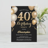 40. Geburtstag Black and Gold Balloons Confetti Einladung (Stehend Vorderseite)