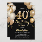 40. Geburtstag Black and Gold Balloons Confetti Einladung (Vorne/Hinten)