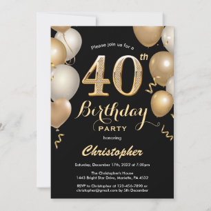 40. Geburtstag Black and Gold Balloons Confetti Einladung
