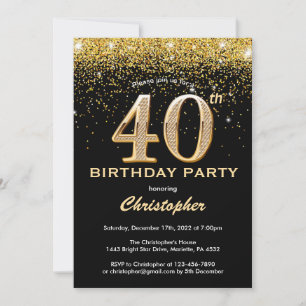 40. Geburtstag Black and Gold Glitzer Confetti Einladung