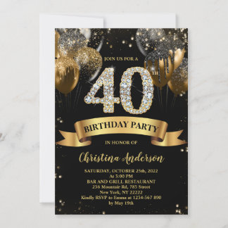 40. Geburtstag Black Gold Glitzer Balloons Einladung
