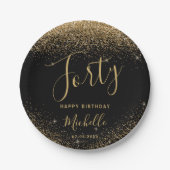 40. Geburtstag Black Gold Glitzer Sparkle Name Pappteller (Vorderseite)